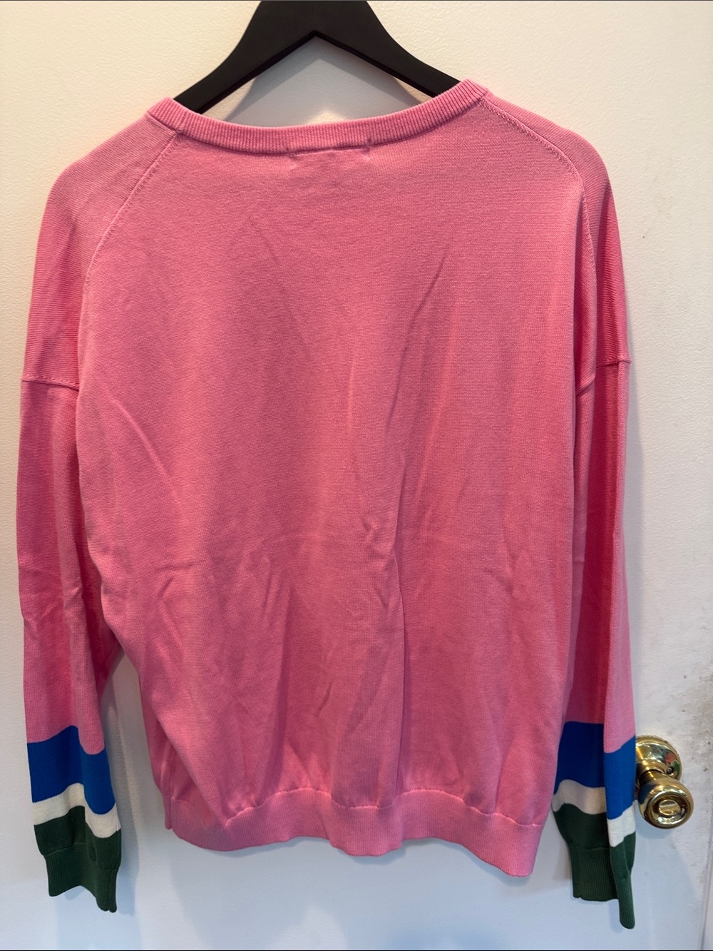 Boden Pink Crewneck Sweater with Blue, White and Green Cuffs - Picture 4 of 5